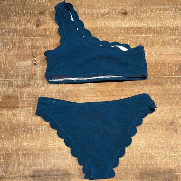 CUPSHE Solid Teal One Shoulder Scalloped Bikini Set - Picture 3 of 7